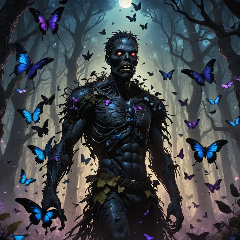 Dark Fantasy Zombie in Moonlit Forest with Butterflies