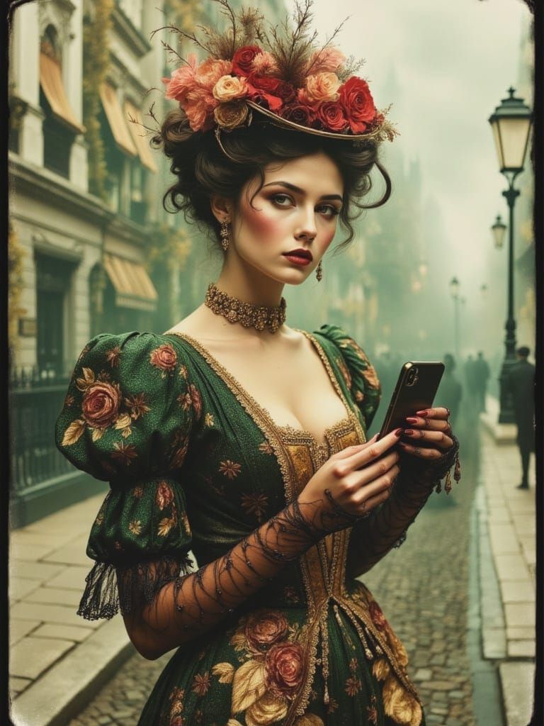 Vintage Woman with Cell Phone in Art Nouveau Style