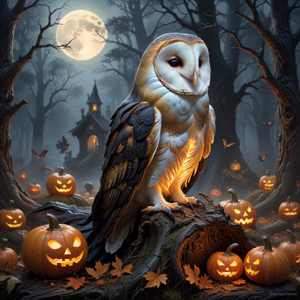 Vampire Owl on Pumpkin in Foggy Moonlight