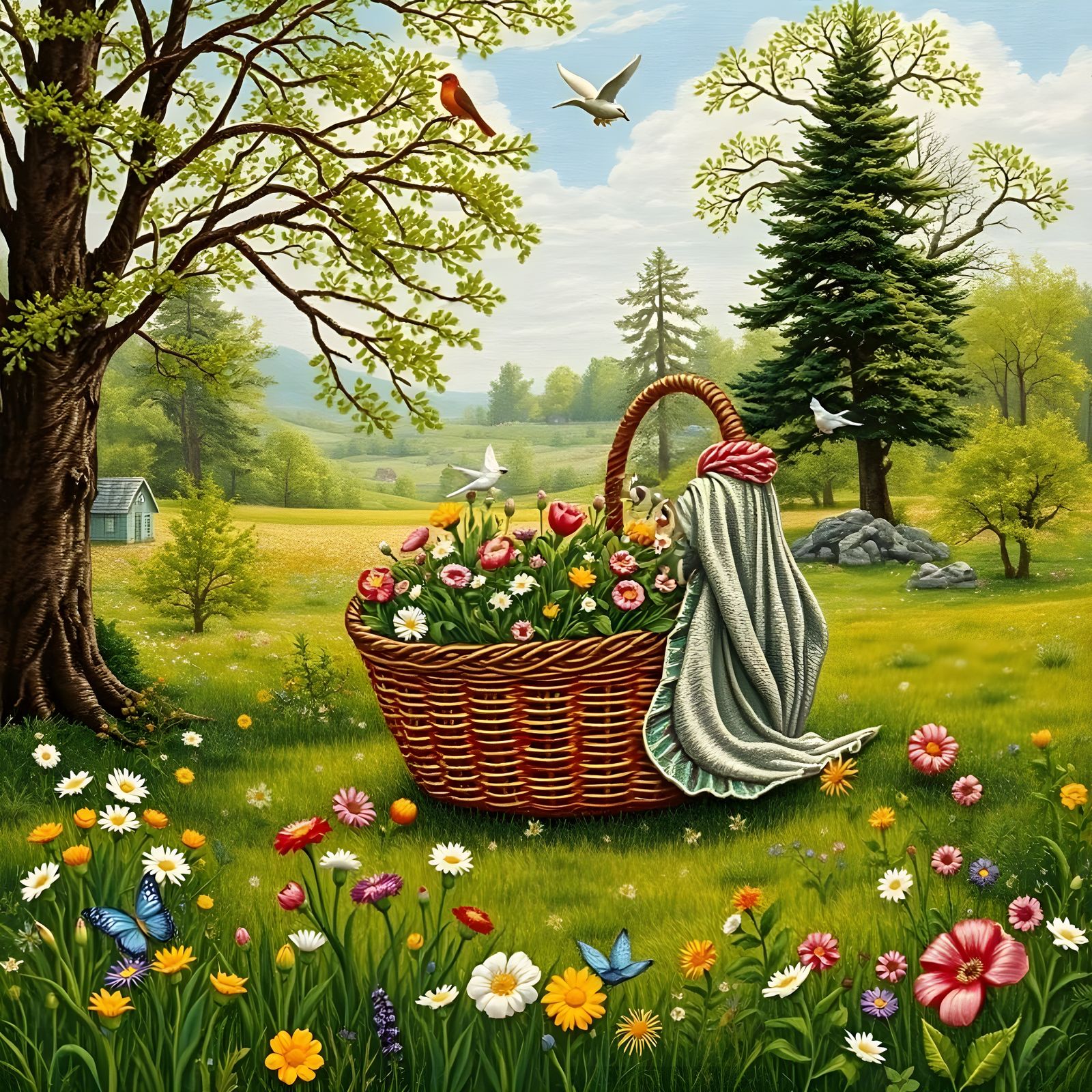 Spring Glade with Embroidered Floral Basket