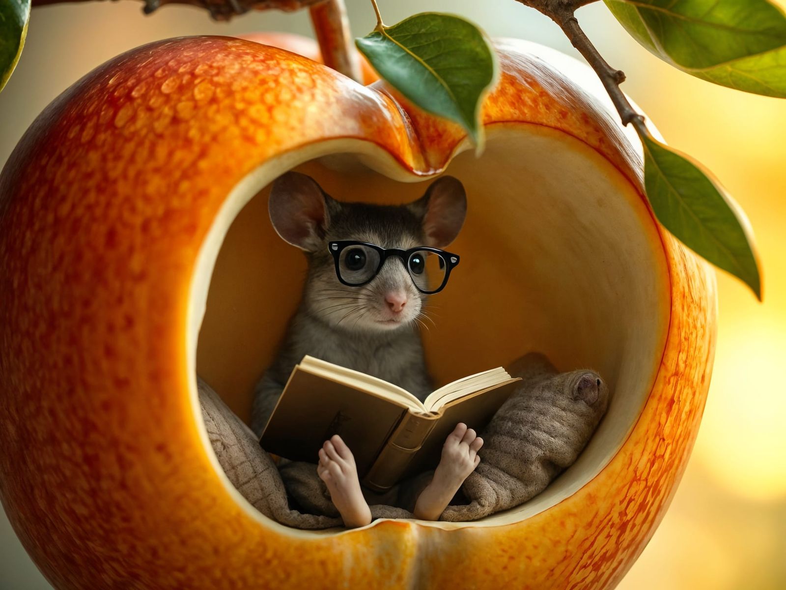 Whimsical Apple Library Scene in Bokeh Lighting