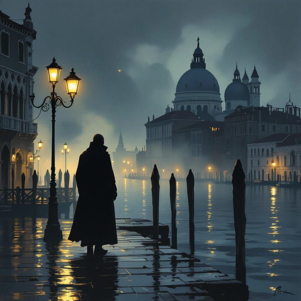 Misty Venice Pier at Night in a Surreal Style