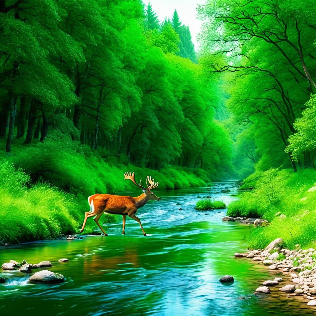 Deer Drinking in Summer Forest River