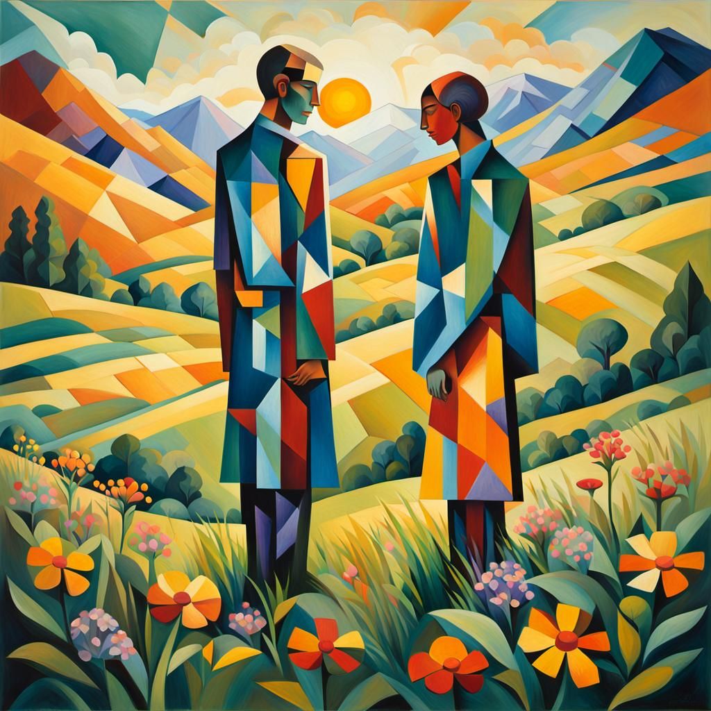 Geometric Cubist Embrace in a Mountain Landscape