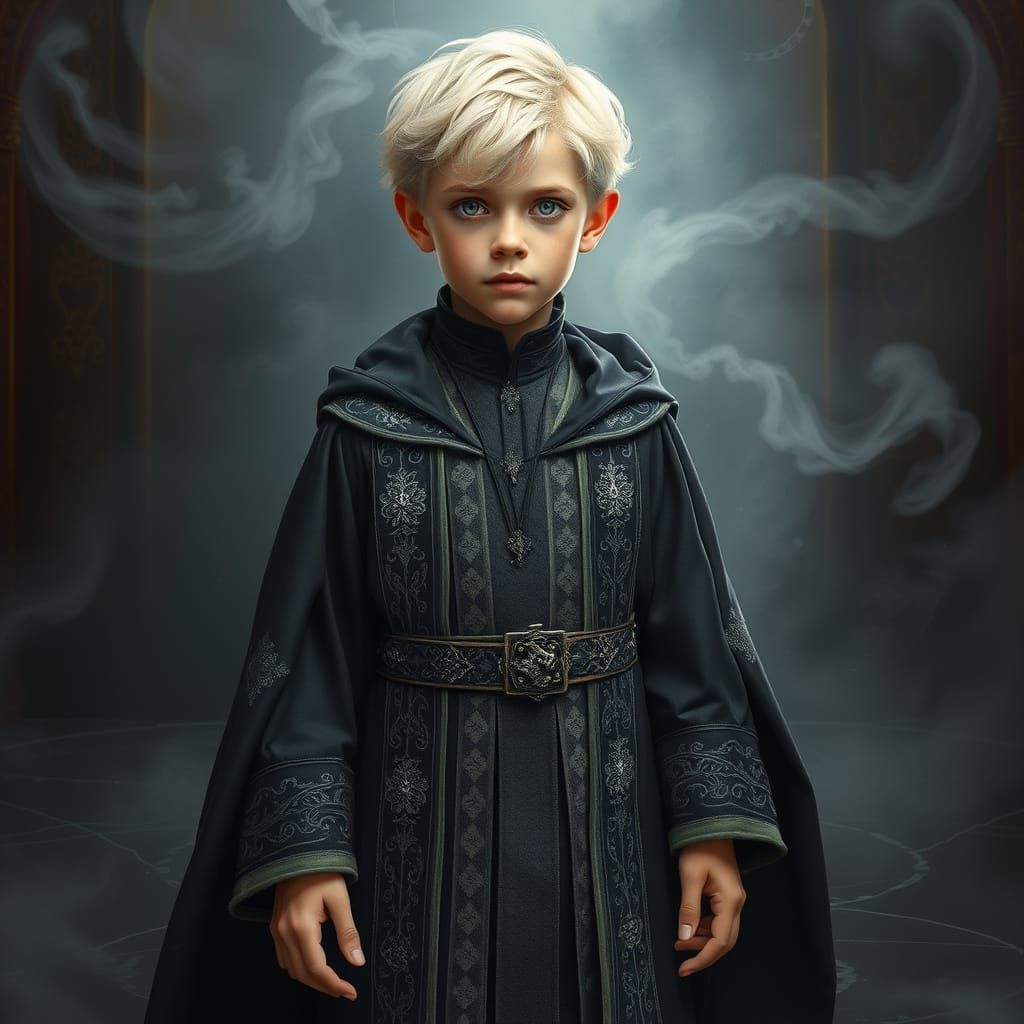 Young Wizard in Misty Realm: Hyperrealistic Portrait