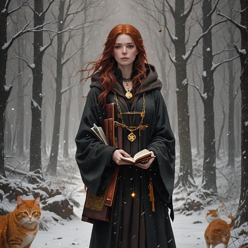 Dark Fantasy Girl with Cat in Snowy Forest