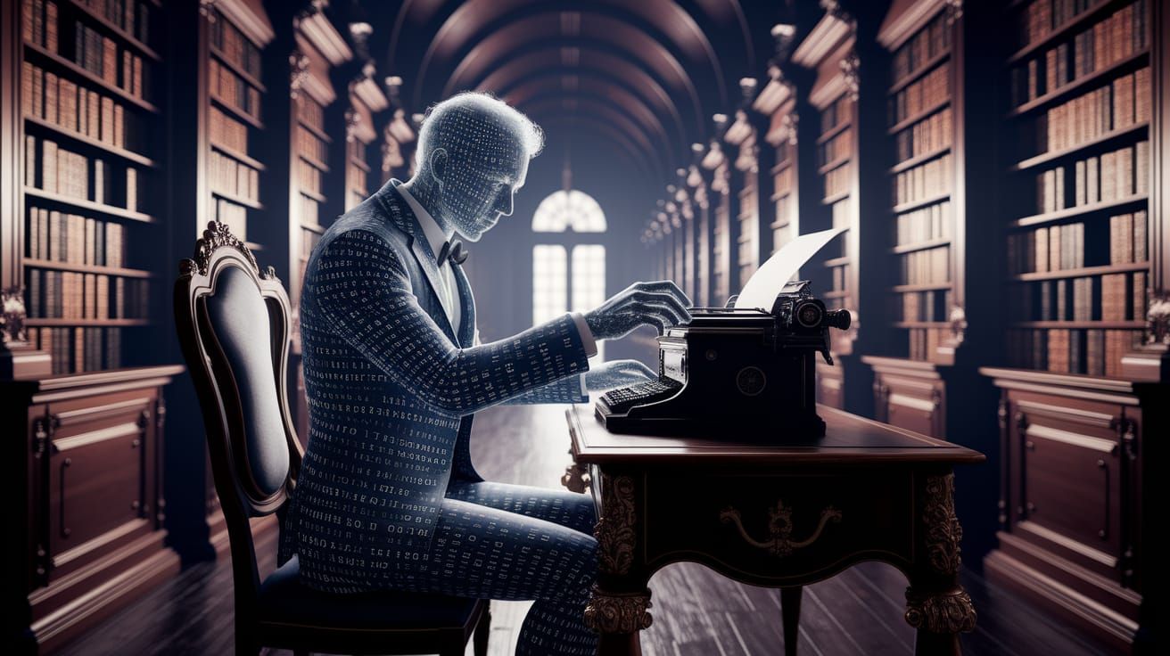 Man Made of Binary Code in Dark Fantasy Library