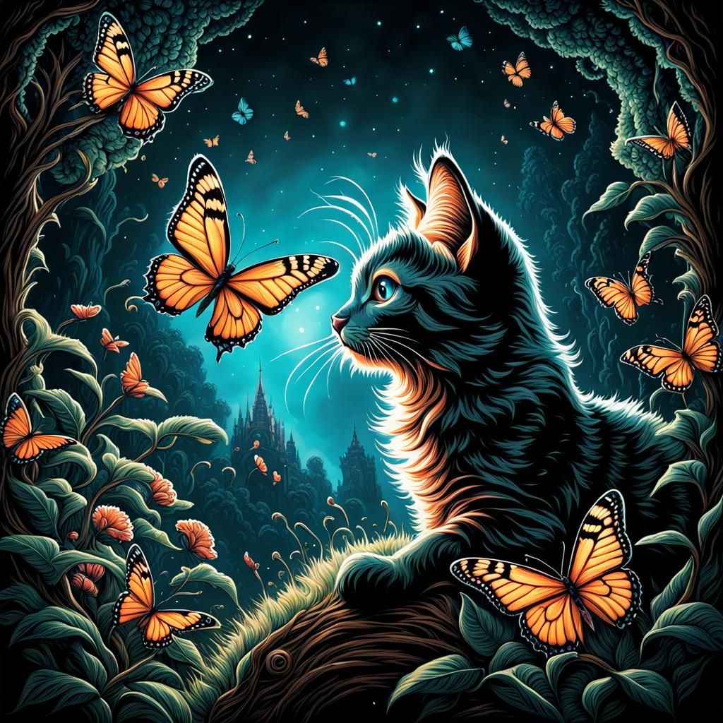 Kittens Chasing Butterflies in Detailed Illustration