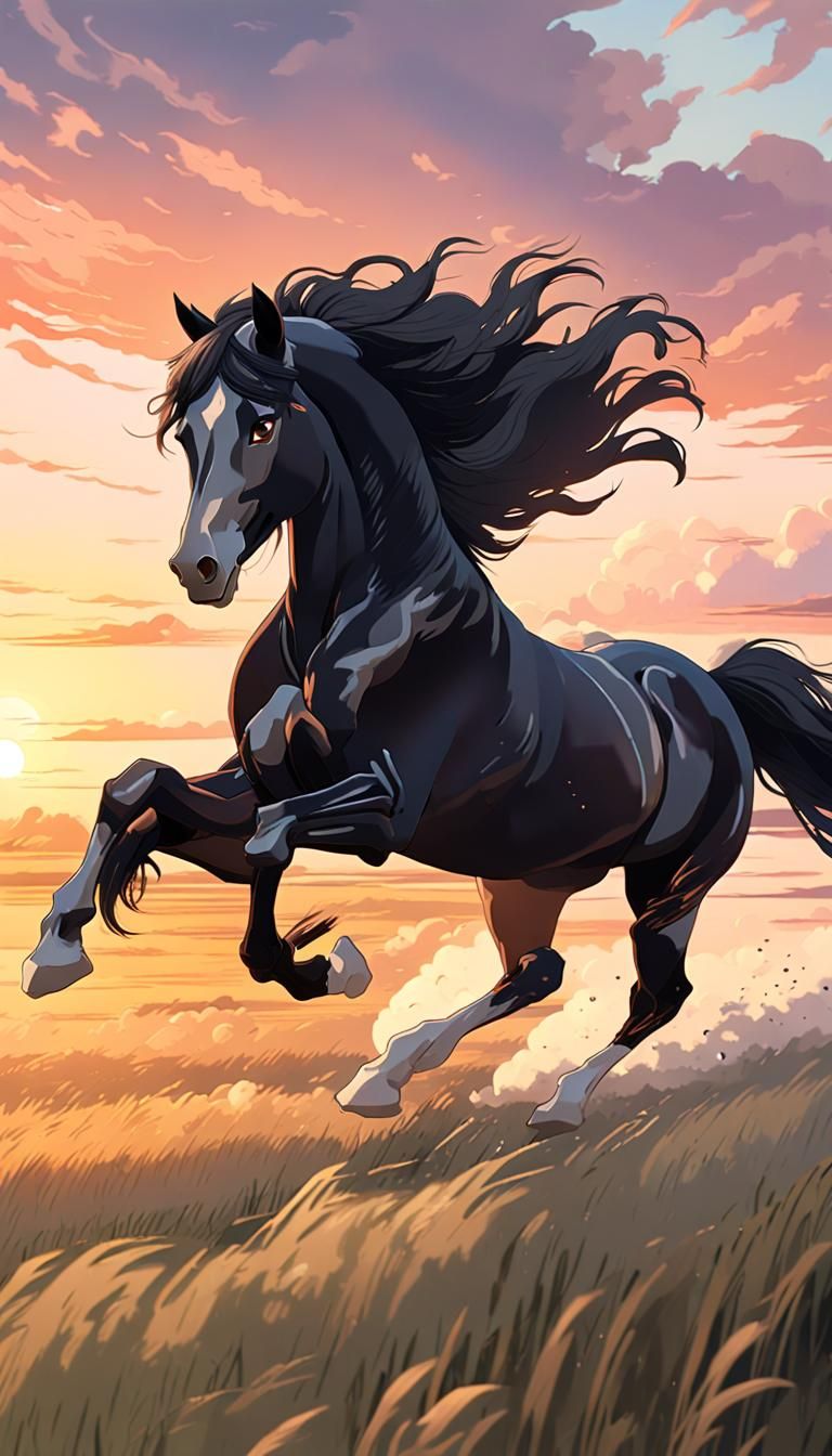 Friesian Horse Galloping: Anime-Inspired Sunset Scene
