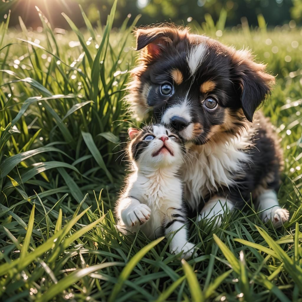 Puppy and Kitten Play in Grass: Hyper-Realistic Digital Art