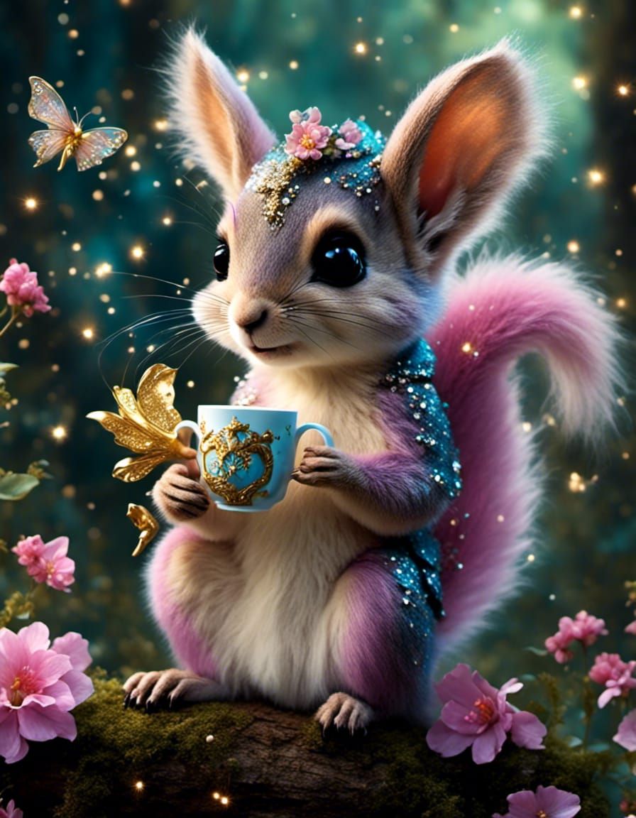 Fairy Squirrel with Tea in Fairycore Style