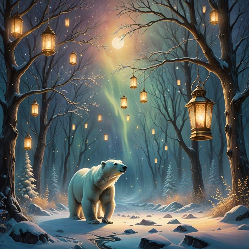 Polar bear standing on hind legs reaching out towards glowin...