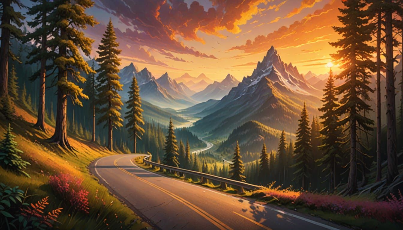 Ethereal Winding Road Through Mystical Forest in Vibrant Oil...