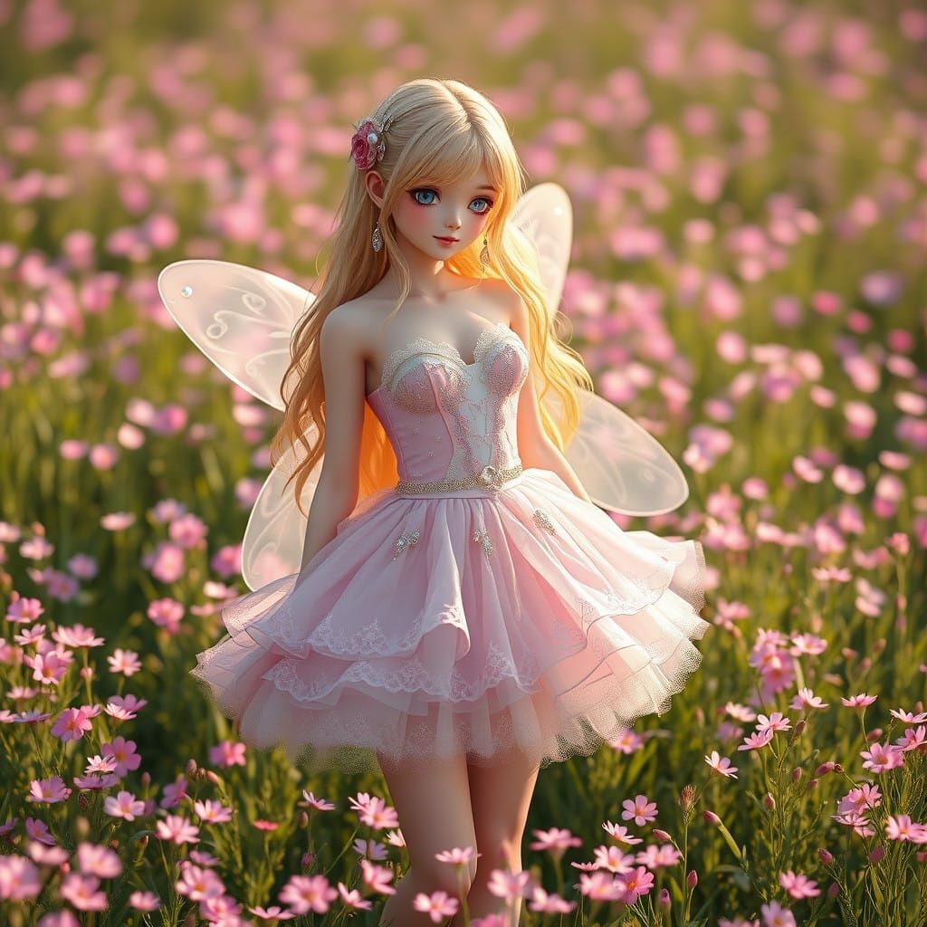 Fairy in Sunset Garden with Blooming Flowers