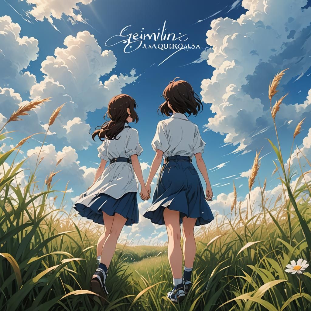 Anime Couple in Field with Gemini & Aquarius Title