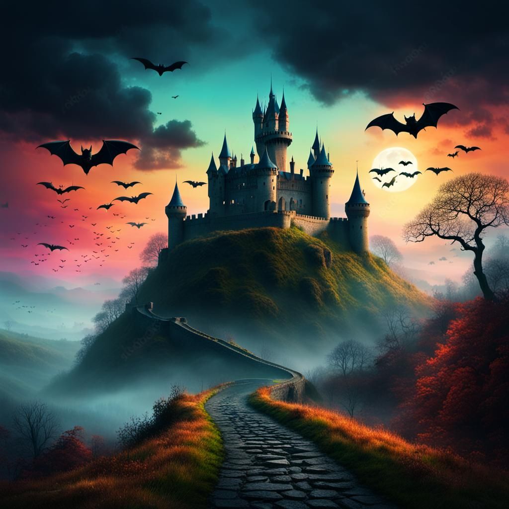 Cinematic Castle on a Hill with Bats