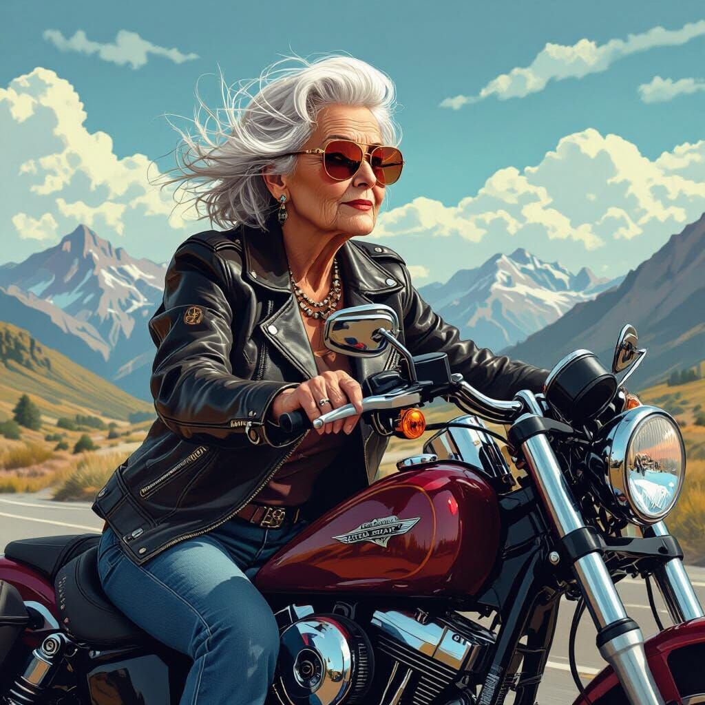 Elderly Woman on Harley in Retro-Futuristic Style