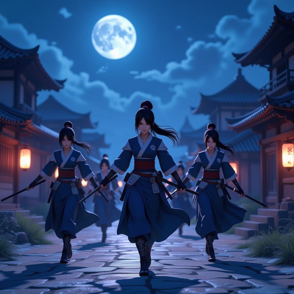 Female Ninjas in Moonlit Japanese Village 3D Anime