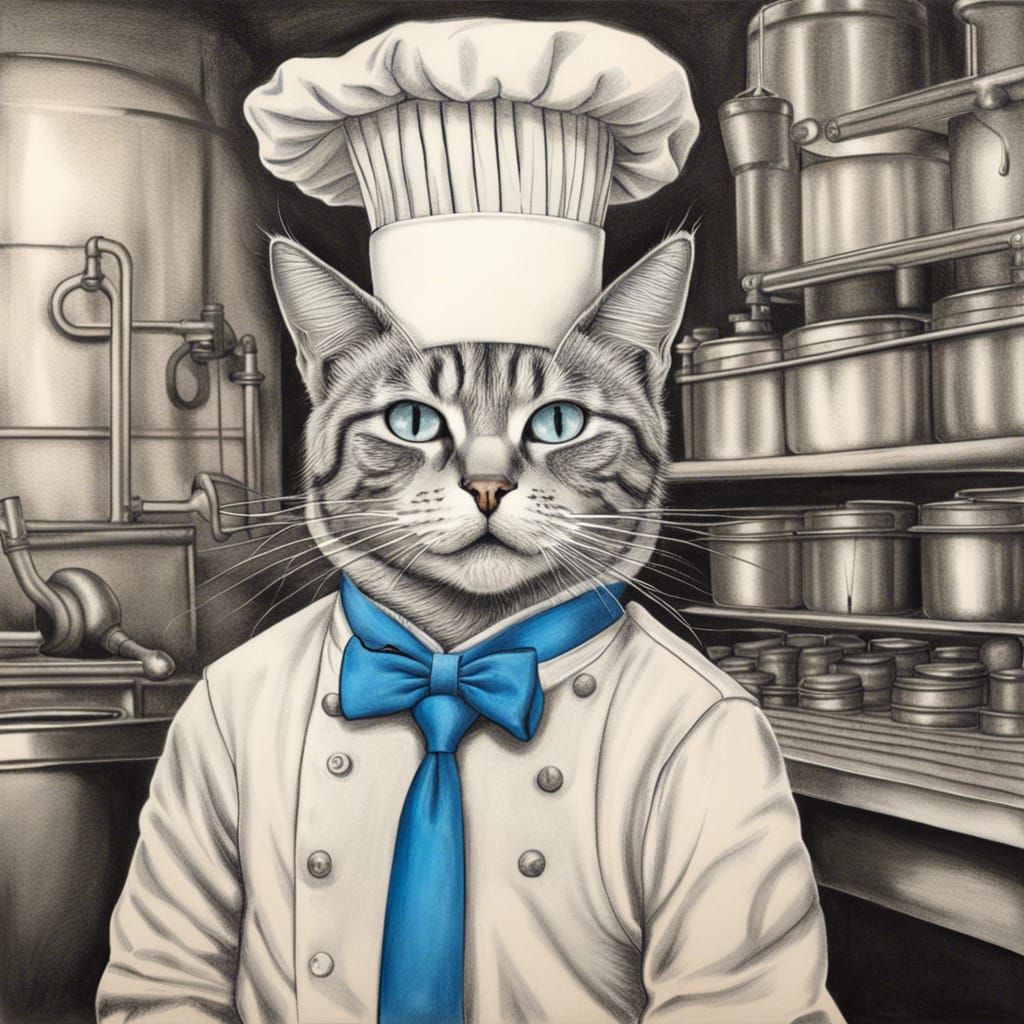 Hyperdetailed Charcoal Drawing: Cat Chef in Candy Factory
