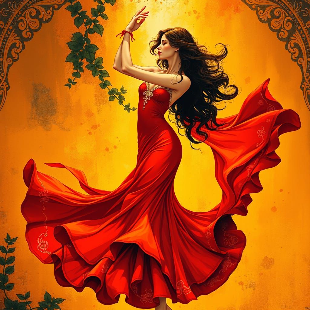 Woman Dancing in Red Dress: Art Nouveau Style