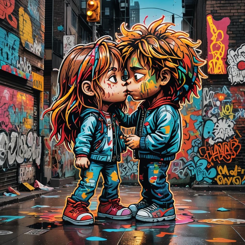 Chucky and Tiffany Kiss in Vibrant Street Art