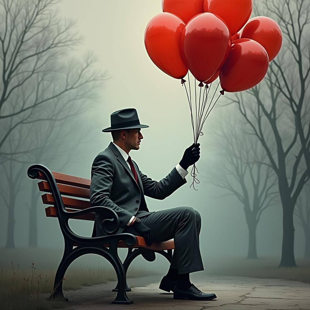 Man with Red Balloons: Cubist Oil Painting