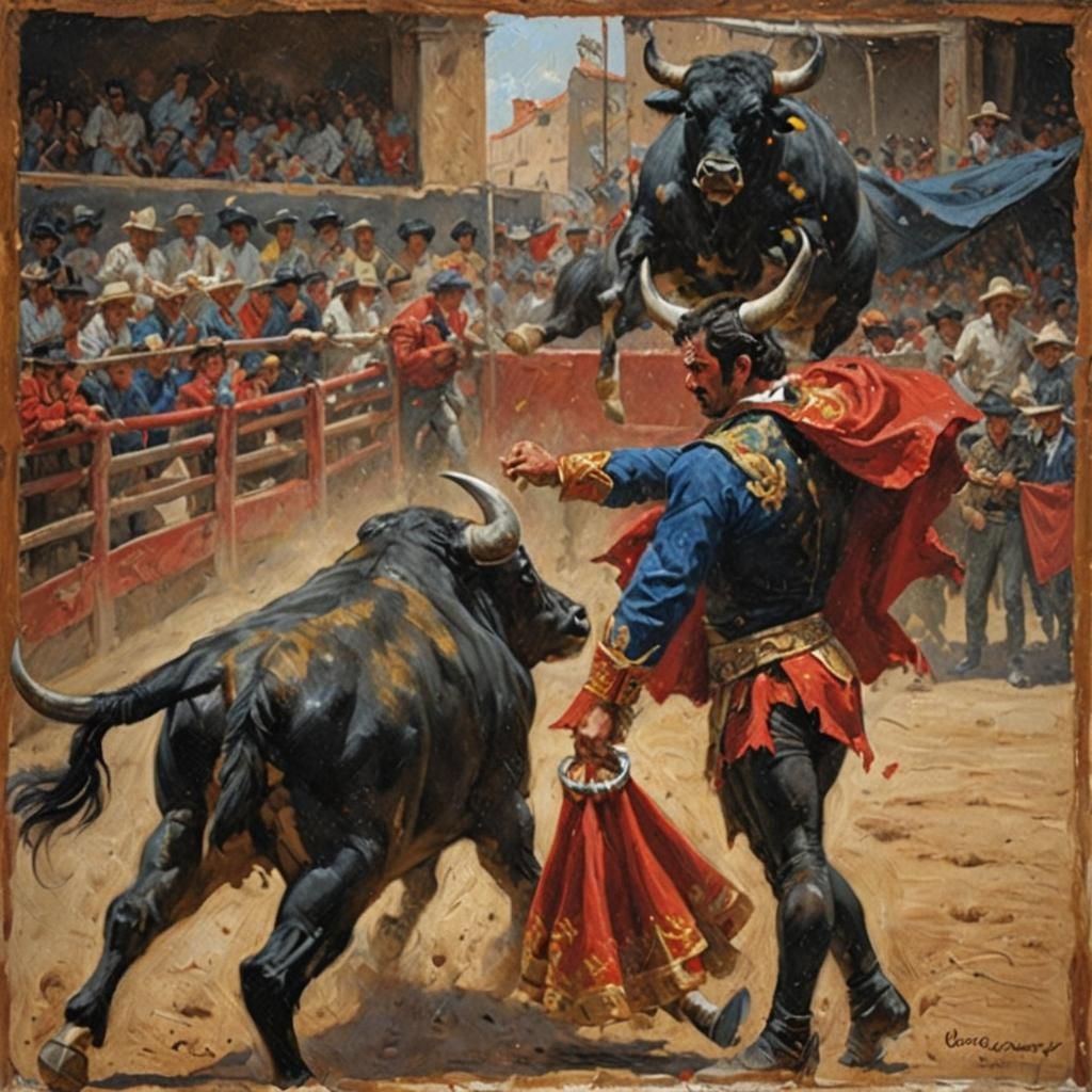 Matador's Surreal Bullfight: Oil Painting