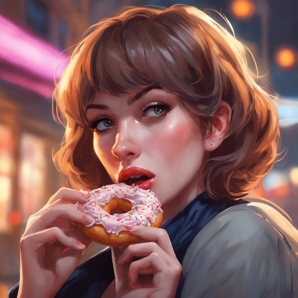 Woman Eating Donut in Hyperrealistic Style