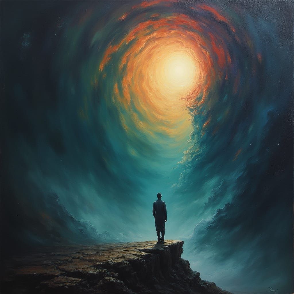 Figure Gazes Into Surreal Cosmic Abyss