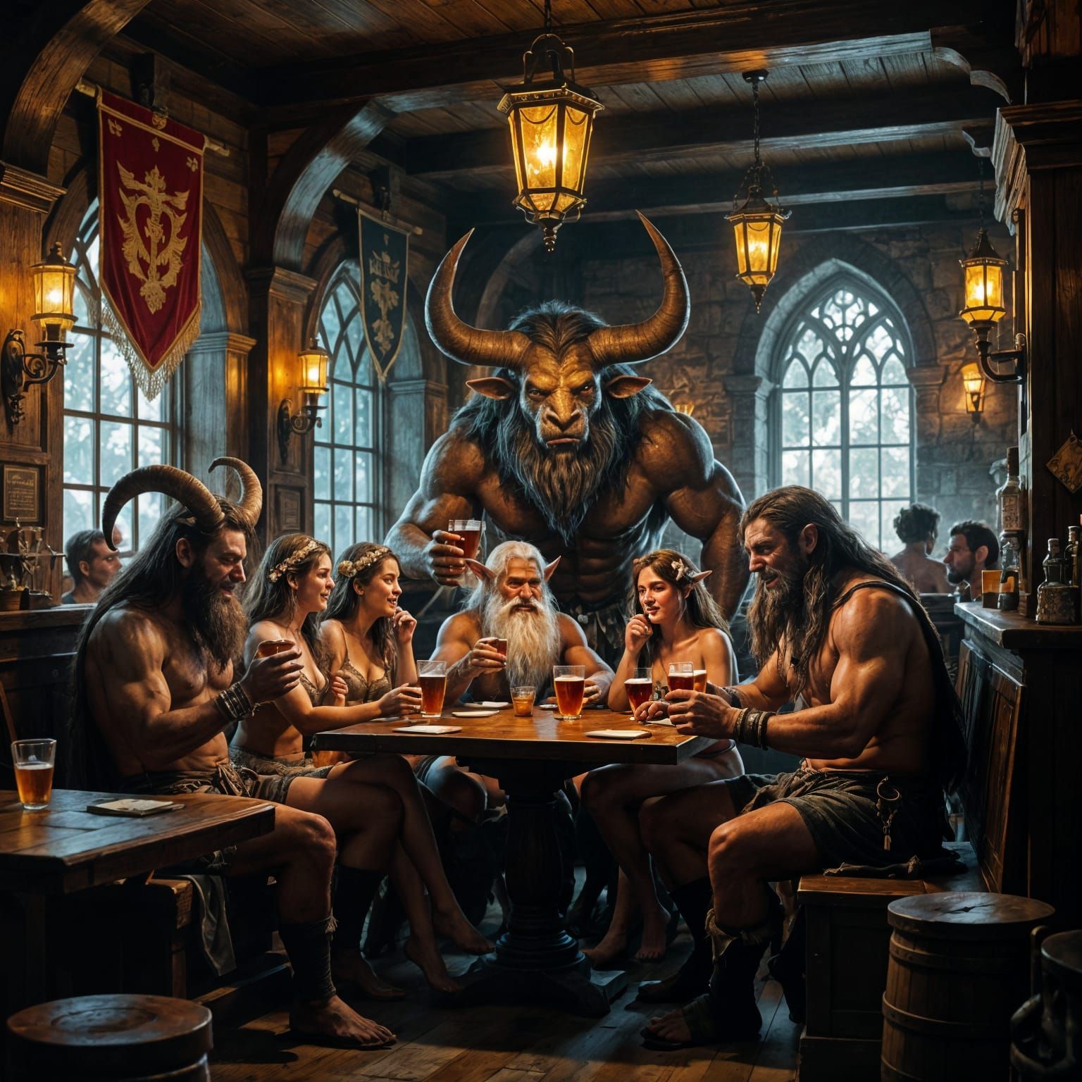 Mythological Beings Gather in a Photorealistic Tavern