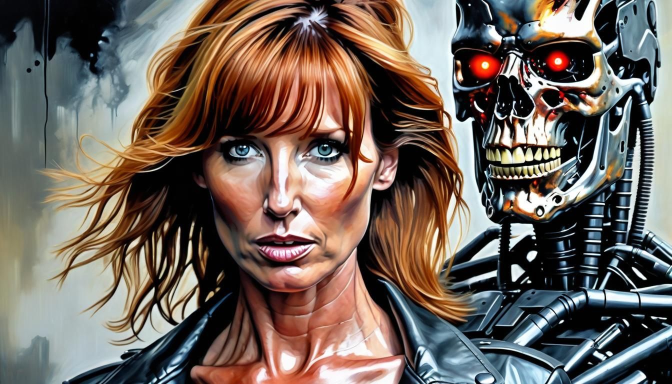 Kelly Reilly vs Terminator as Bisley-Style Oil Painting