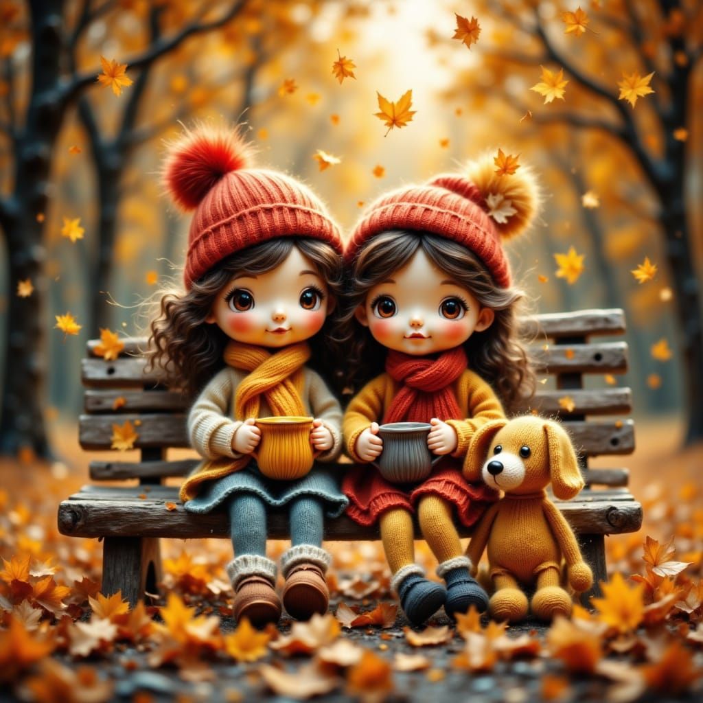 Cozy Autumn Scene: Knitted Dolls Enjoy Warm Drinks in Park
