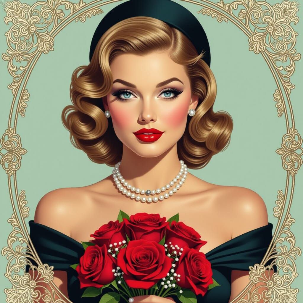 1950s Hollywood Glamour Pin-Up: Woman with Gray Eyes and Ros...