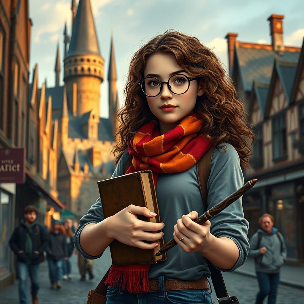 Confident Young Witch Stands Before Hogwarts in Vintage-Insp...