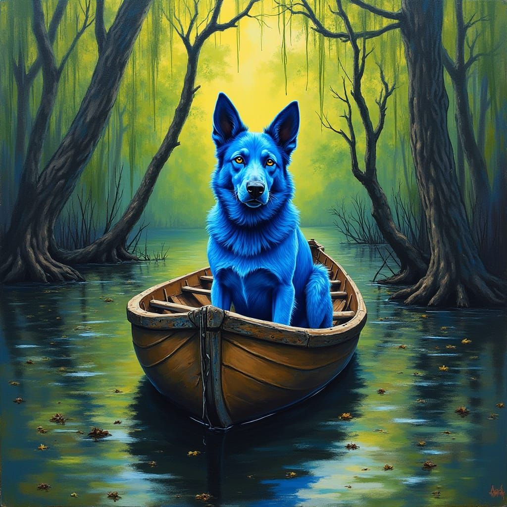 Blue Dog in Louisiana Swamp, Rodrigue Style