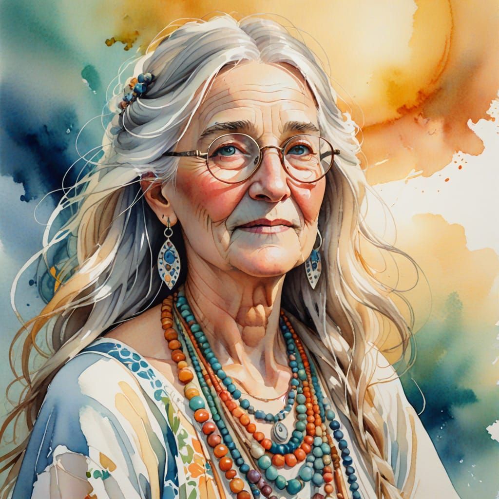 Bohemian Elder Portrait in Whimsical Folk Art Style