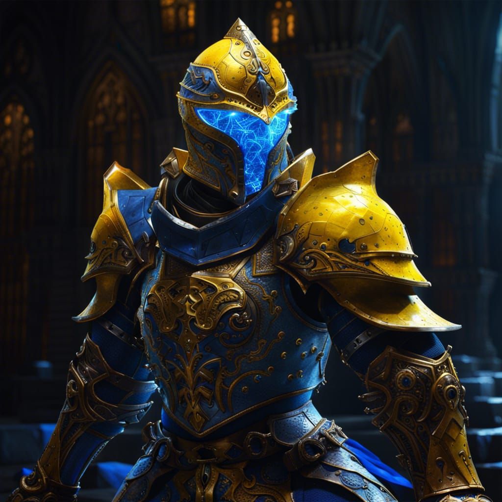 Knight in Blue and Yellow Armor, Dark Fantasy Art