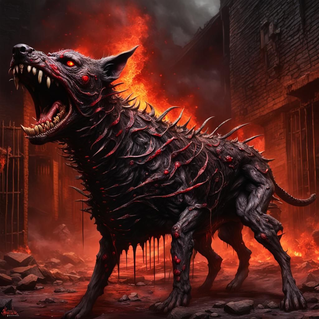 Hyperrealistic Hell Hound in Dark Fantasy Style