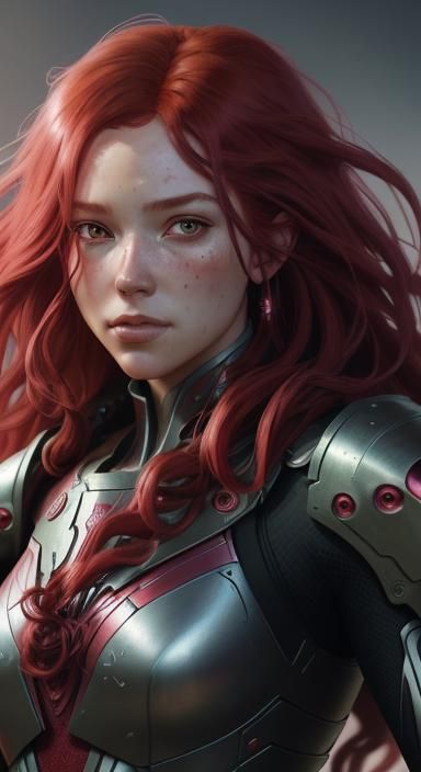 female long red curly hair pink metal suit aetherpunk head a...