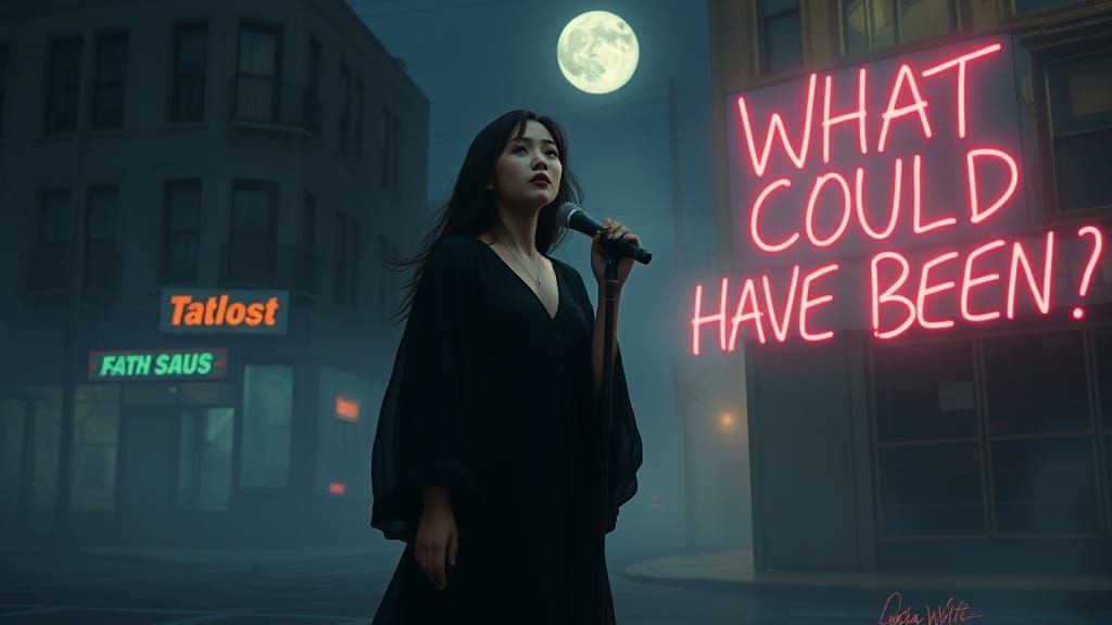 Melancholic Singer in Misty, Moonlit Neon Street