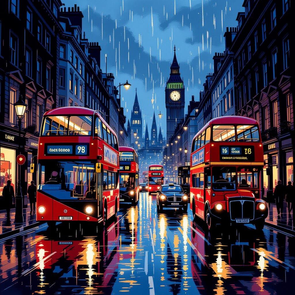 London Street Scene at Dusk in Ink Illustration Style