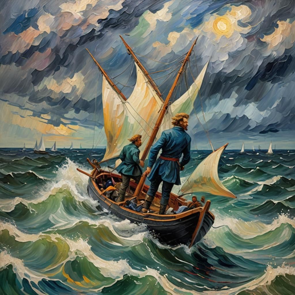 Viking Sails Through Storm in Neo-Impressionist Oil Painting
