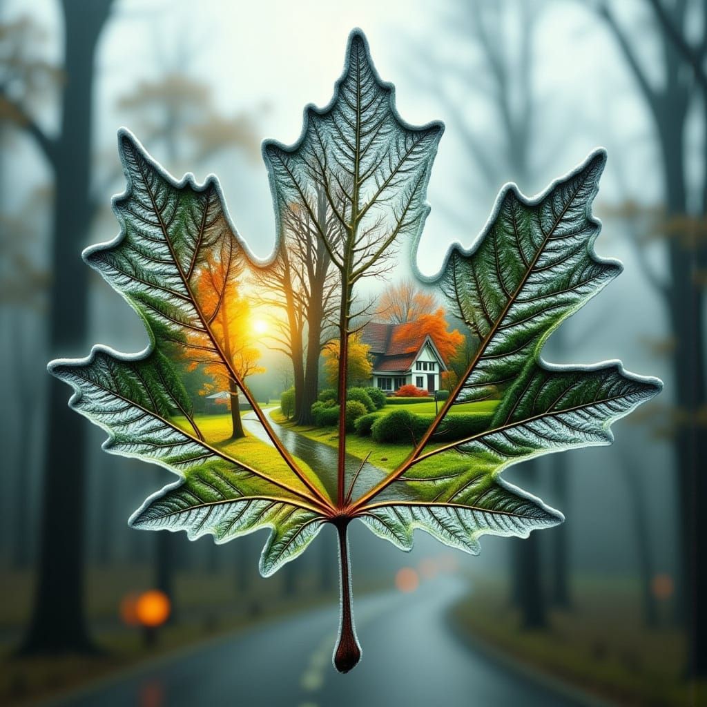 Surreal Double Exposure of a Frosted Maple Leaf in Dreamlike...