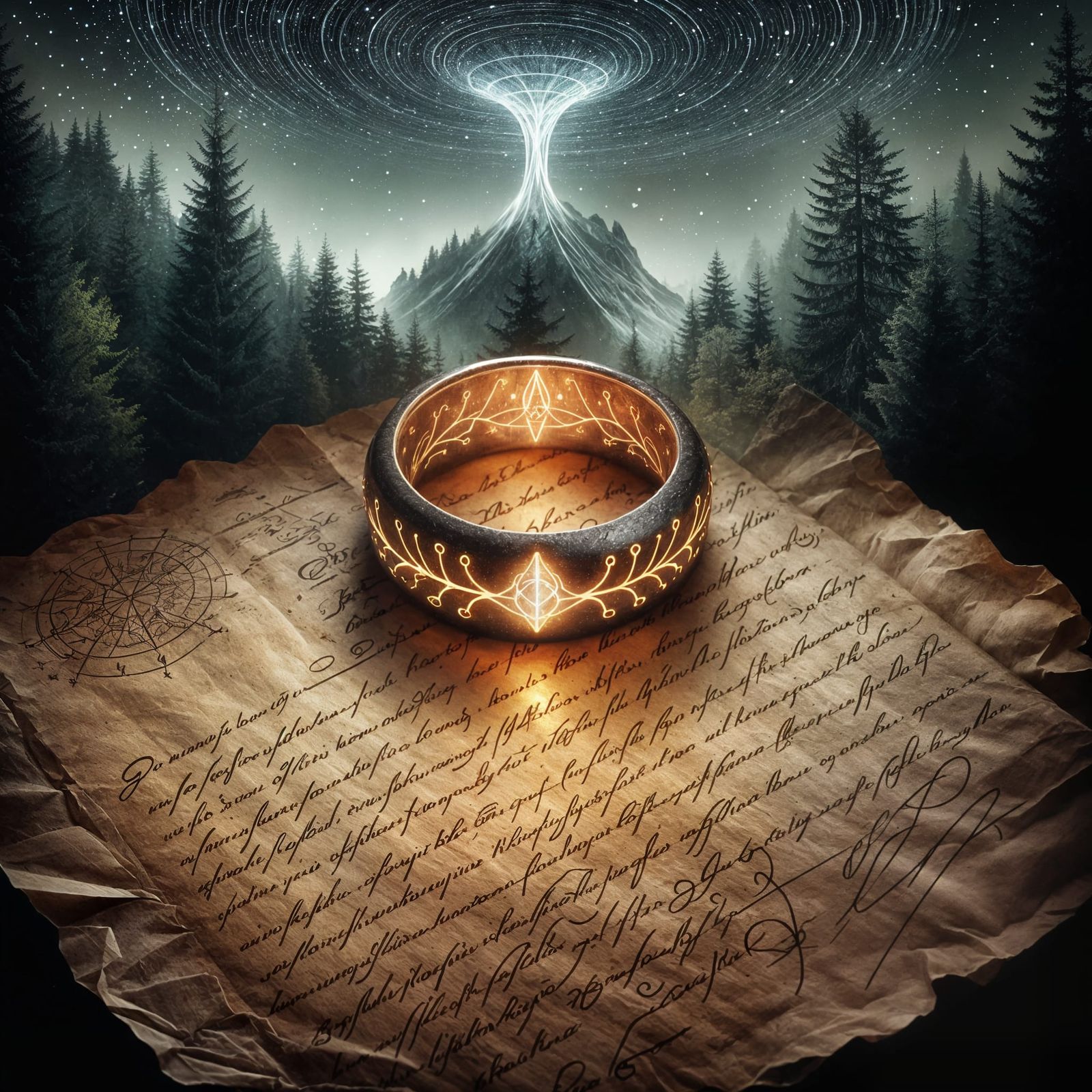 Elven Resin Ring Radiates Gaussian Light in Ancient Forest
