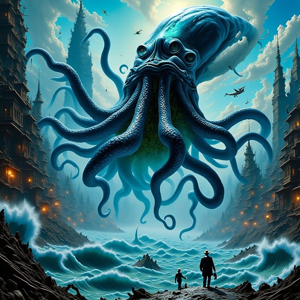 Giant Tentacled Squid Alien Invasion in Neon Cityscape