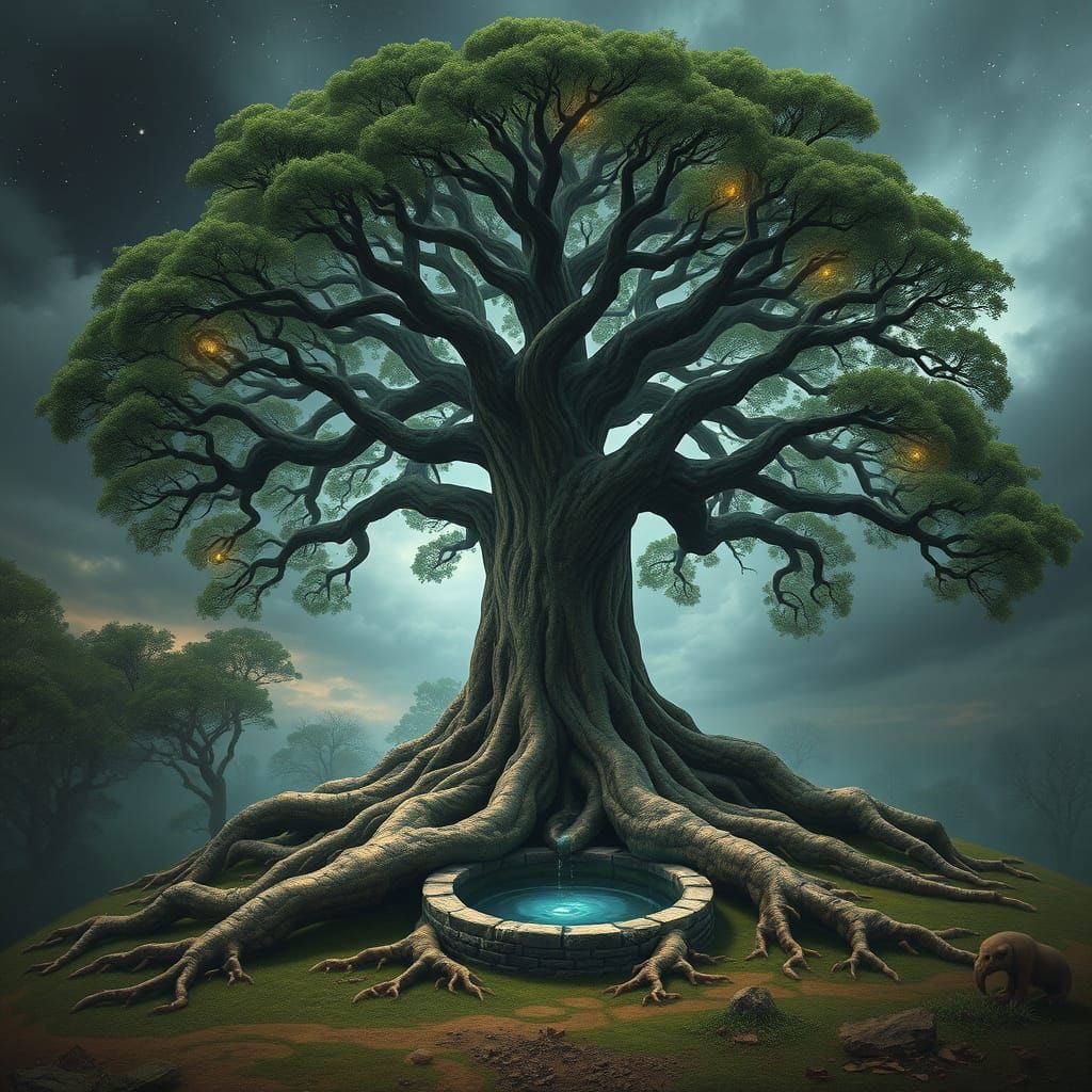 Majestic Yggdrasil Tree Supports Nine Worlds in Celestial Ha...
