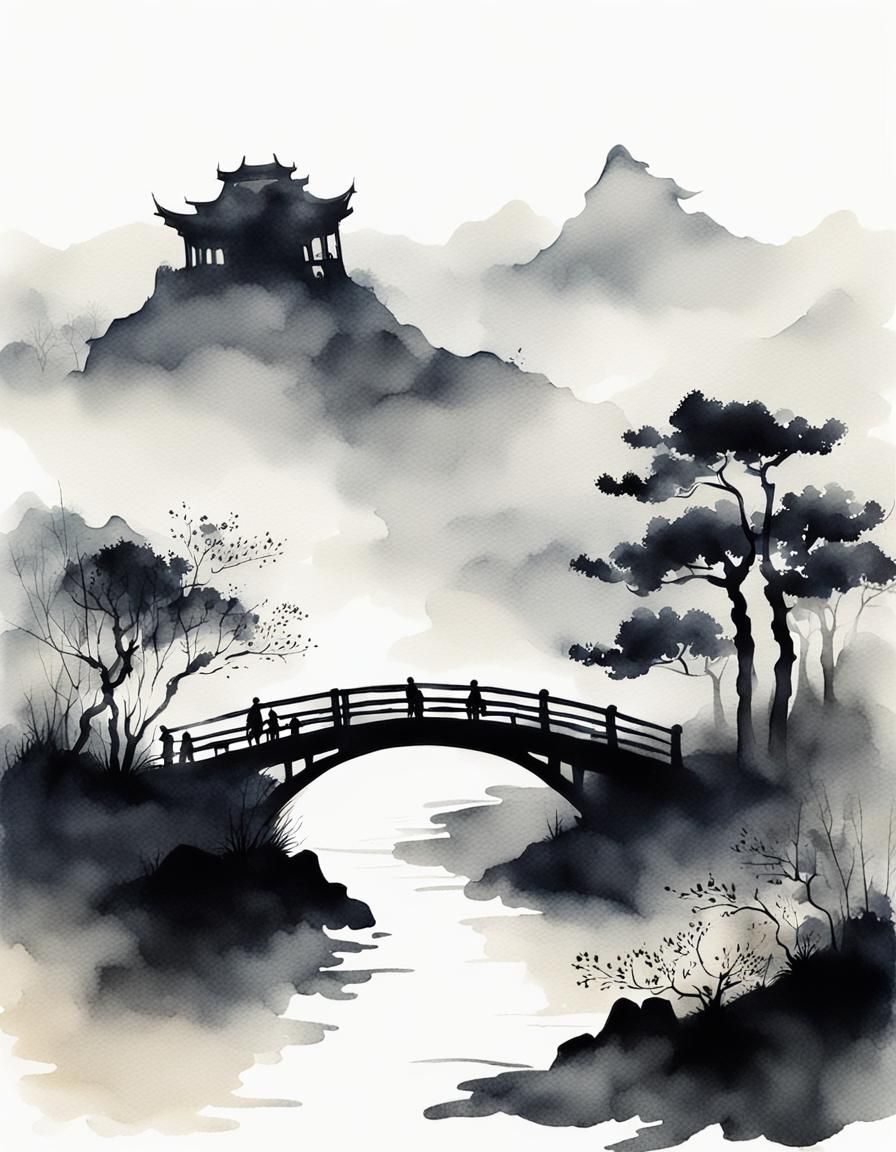 Misty Night Landscape in Chinese Watercolor Style