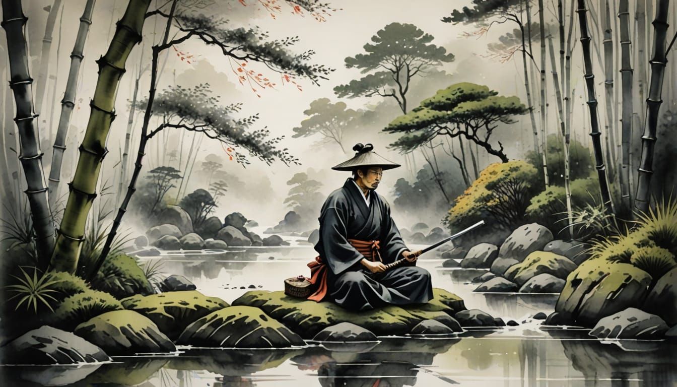 Samurai Meditating in Bamboo Forest as Sumi-e Painting