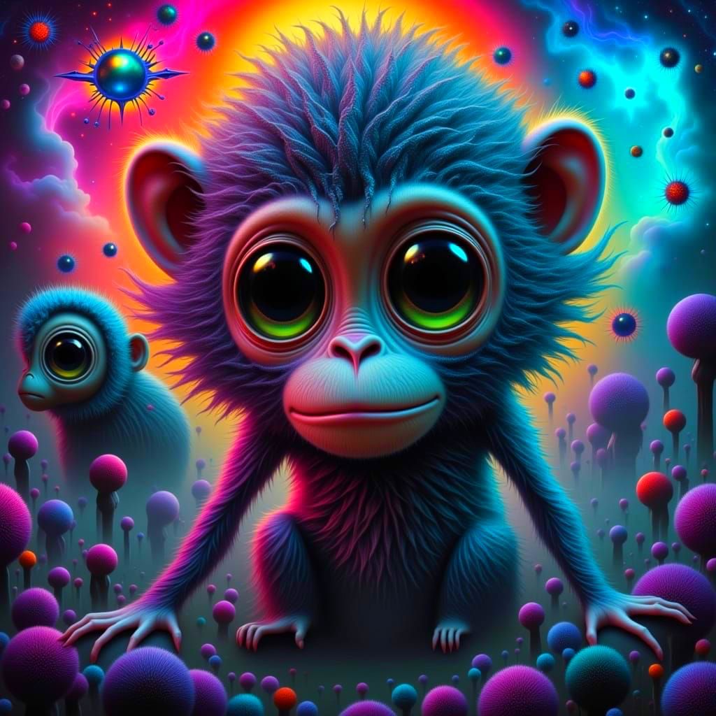 Whimsical Futuristic Monkey in Neon Fantasy Realm