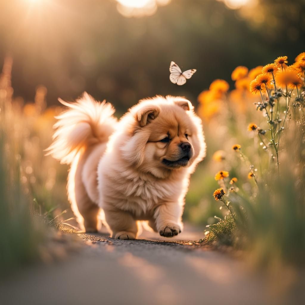 Chow Chow Puppy and Butterfly in Golden Light
